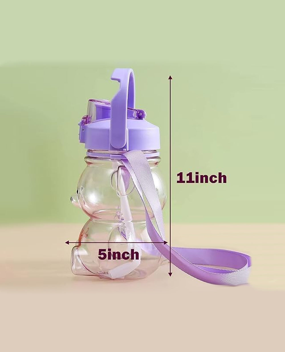 Cute Smiley Teddy Bear Kids Water Bottle with Straw & Strap | 1200ml + 300ml Leak-Proof Sipper | School & Travel Bottle