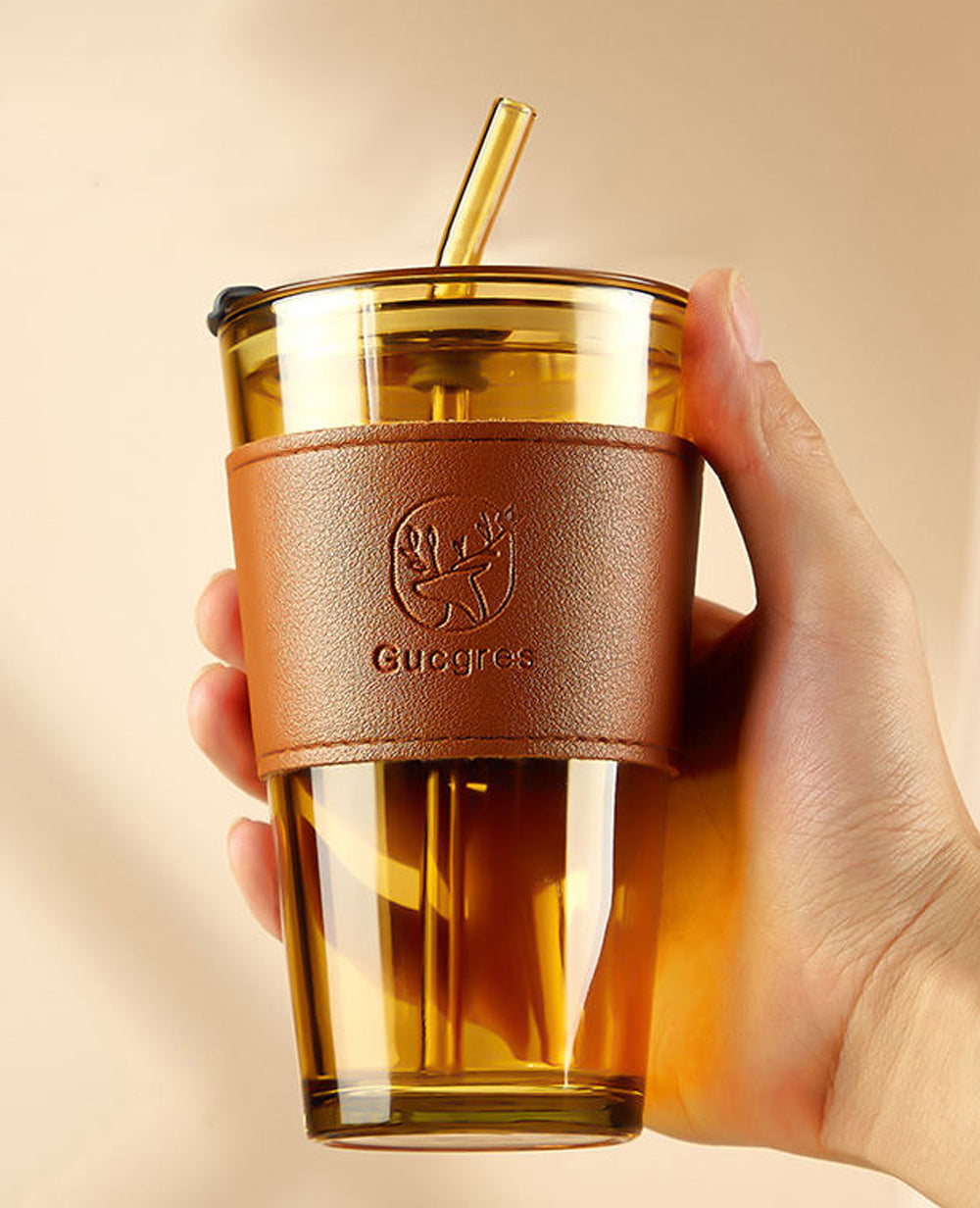 Luxury Gorgous Coffee Mug with Glass Straw & Carry Strap 400ml – Anti-Skid Sleeve, Reusable Cup for Hot & Cold Drinks