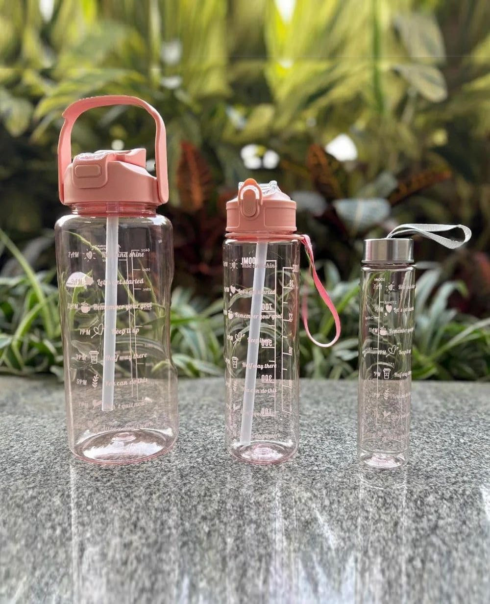 3-in-1 Motivational Transparent Water Bottle Set (2000ml + 1000ml + 300ml) | Time-Marked Leakproof Sipper Bottle for Gym, Kids & Office