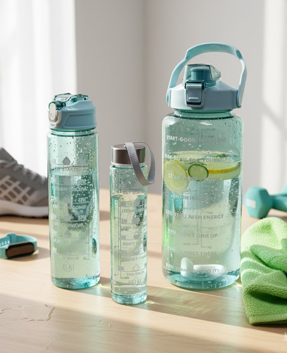 Motivational water bottle + 3-in-1 hydration design

Motivational water bottle + time marker reminders