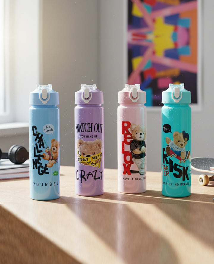 Cute Flask Cartoon Straw Sipper Bottle 650ml | Portable BPA-Free Kids Bottle with Strap & Safety Lock