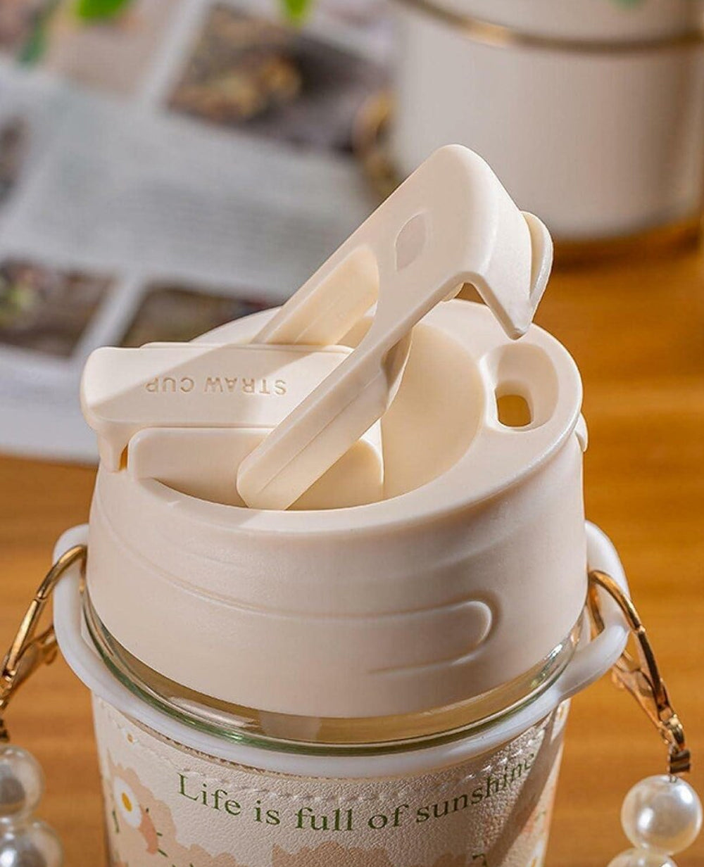 Cute Pearl Chain Glass Travel Sipper | Stylish 350ml Coffee Cup with Lid & Straw | Hot & Cold Drink Tumbler for Office & Travel