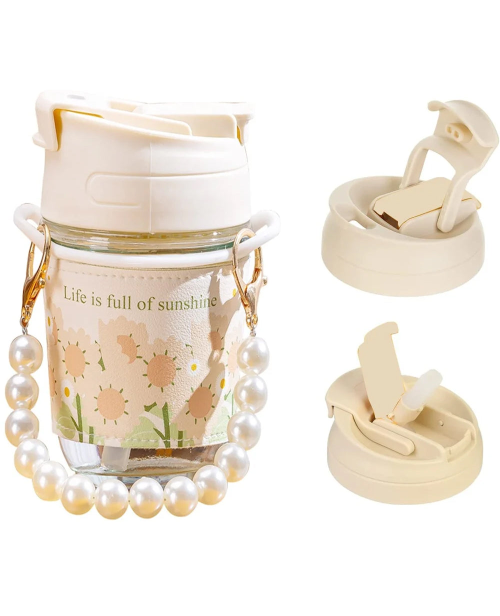 Cute Pearl Chain Glass Travel Sipper | Stylish 350ml Coffee Cup with Lid & Straw | Hot & Cold Drink Tumbler for Office & Travel