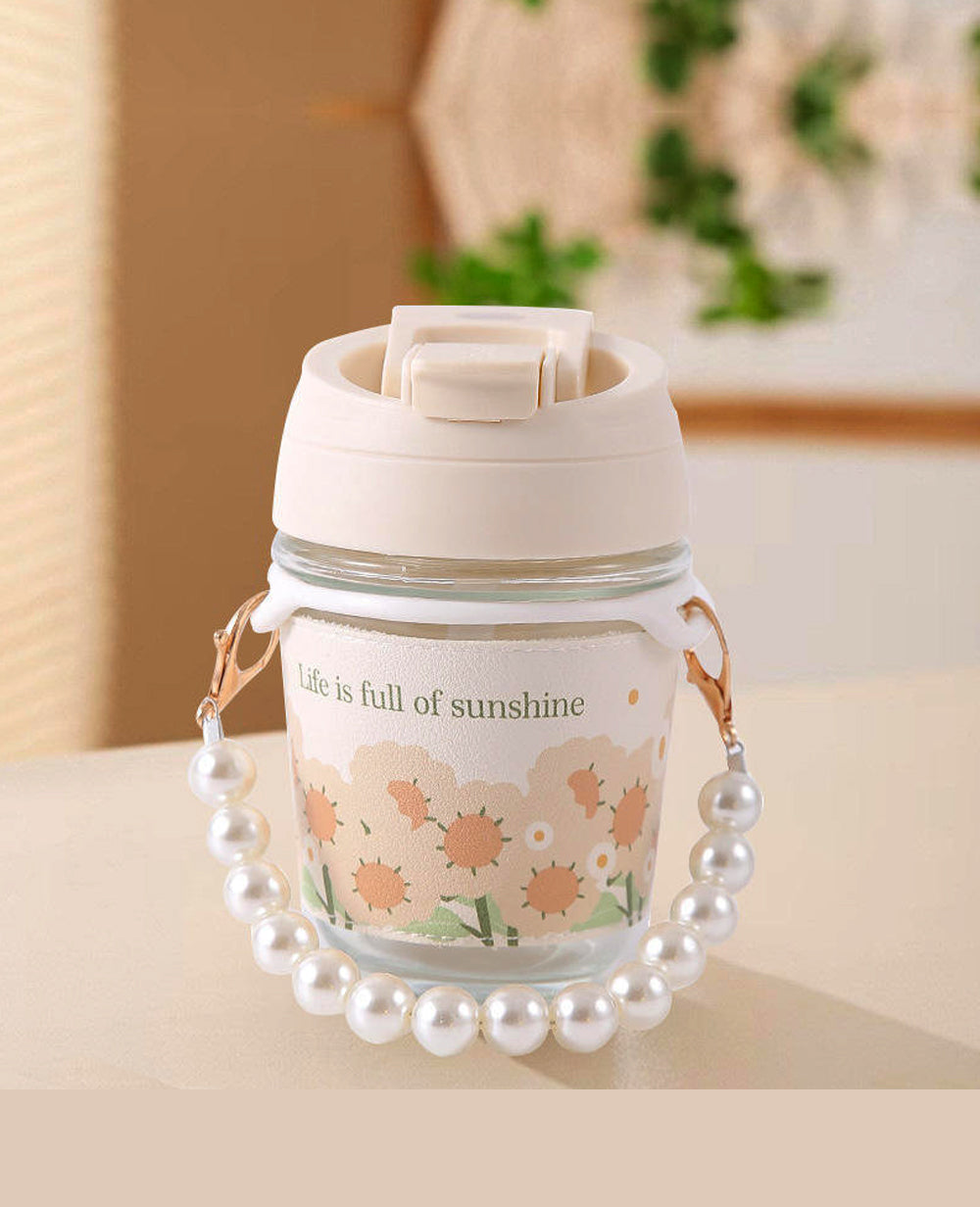 Cute Pearl Chain Glass Travel Sipper | Stylish 350ml Coffee Cup with Lid & Straw | Hot & Cold Drink Tumbler for Office & Travel