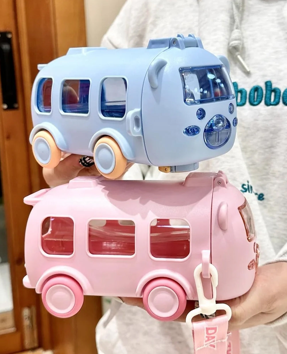 Cute Kids Bus Water Bottle with Straw & Shoulder Strap | Portable BPA-Free Sipper for School, Travel & Outdoor Use (500ml)