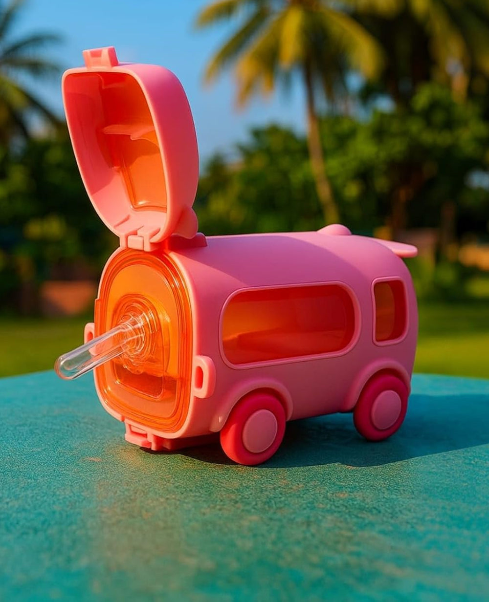 Cute Kids Bus Water Bottle with Straw & Shoulder Strap | Portable BPA-Free Sipper for School, Travel & Outdoor Use (500ml)