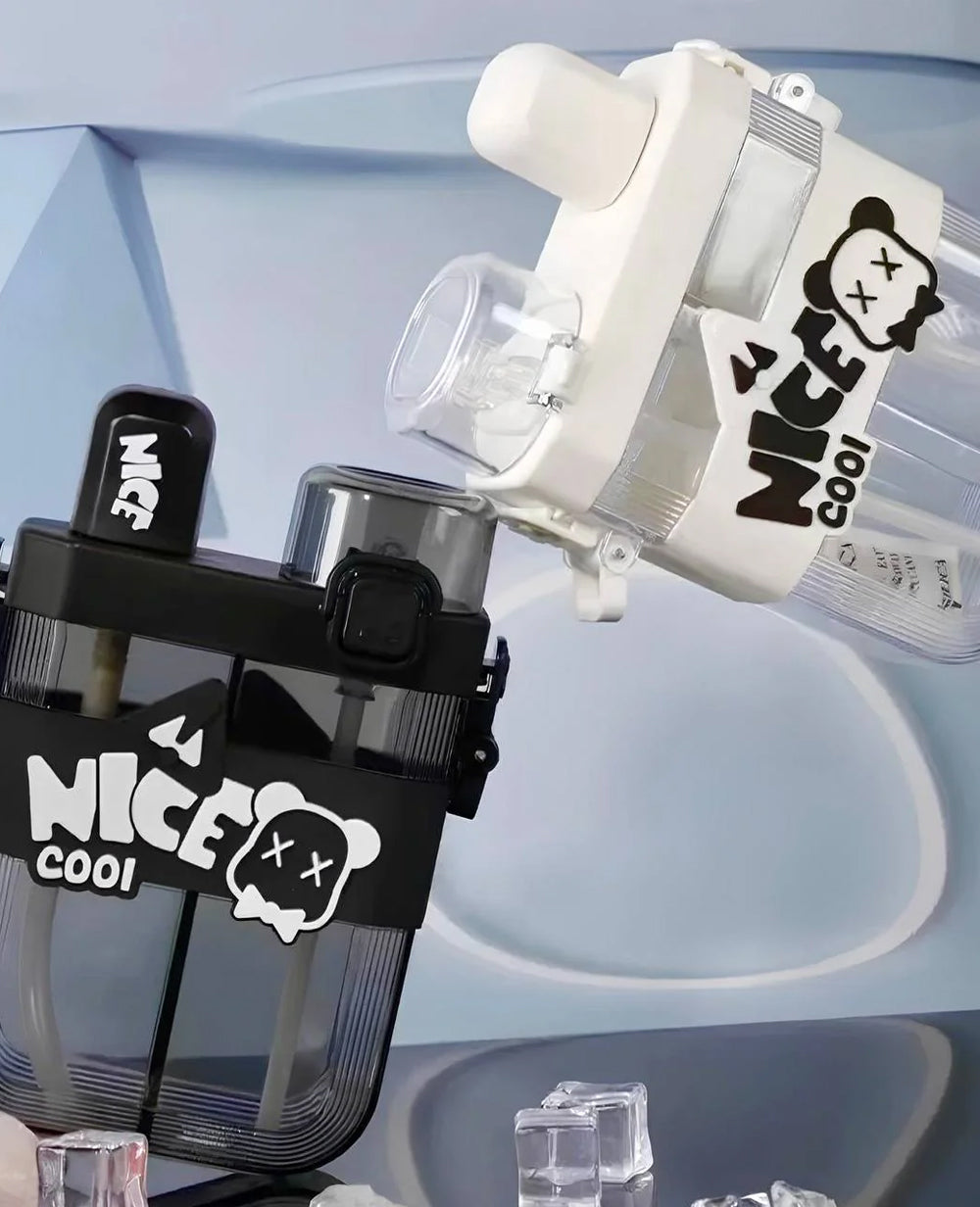 Nice Cool 2-in-1 Dual Compartment Water Bottle 600ml | Double Sipper Bottle for Kids & Adults | Leakproof Travel Bottle with Strap