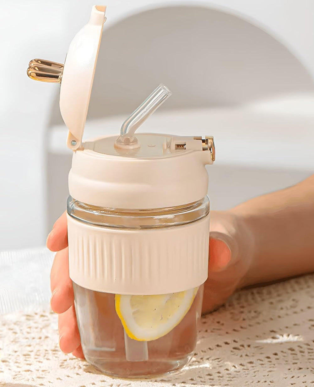 Rabbit Coffee Mug Glass Bottle with Flip Lid & Straw 350ml | Heat-Resistant Coffee Mug for Travel, School & Home