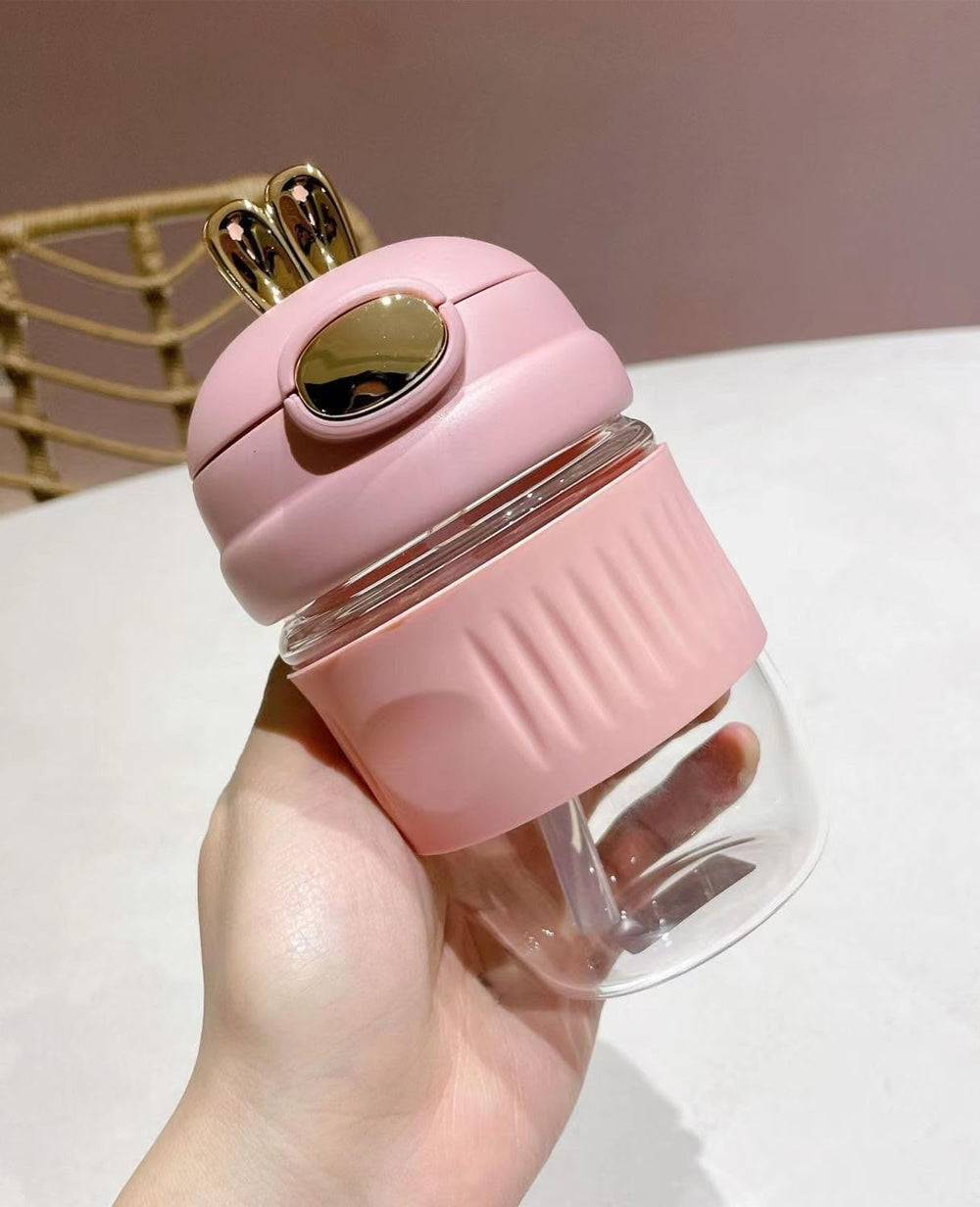 Rabbit Coffee Mug Glass Bottle with Flip Lid & Straw 350ml | Heat-Resistant Coffee Mug for Travel, School & Home