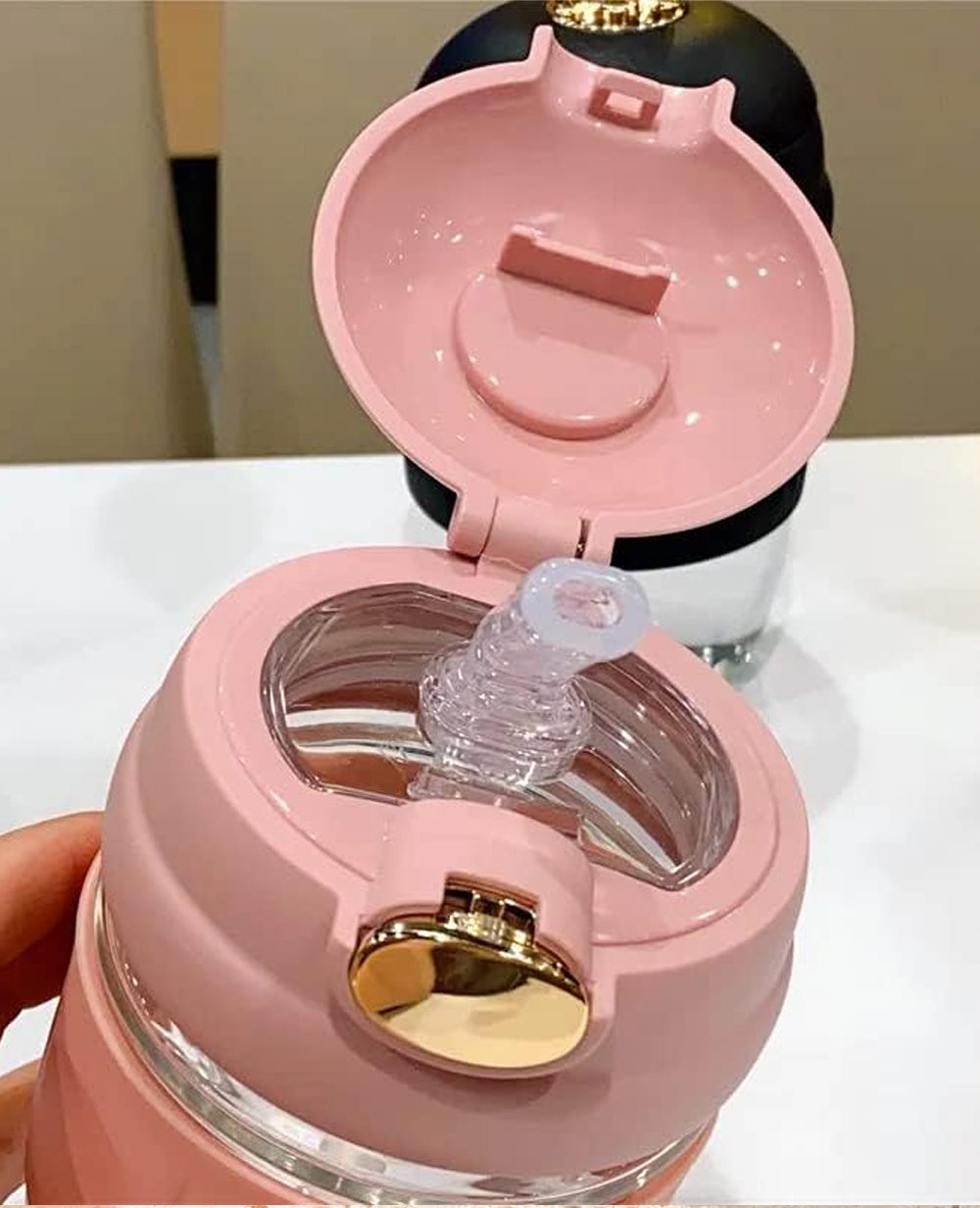 Rabbit Coffee Mug Glass Bottle with Flip Lid & Straw 350ml | Heat-Resistant Coffee Mug for Travel, School & Home